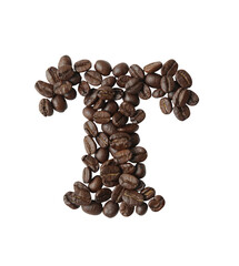 Letter T of the English alphabet made from coffee beans, transparent background Fonts for coffee shops
