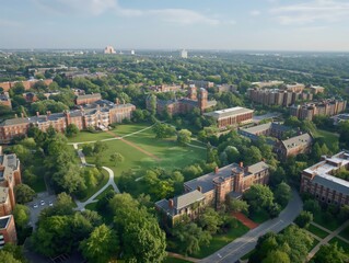 Aerial view of a sprawling university campus with historic buildings, green lawns, and tree-lined pathways.