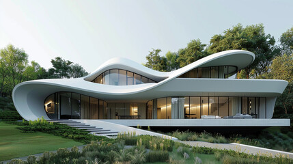 A minimalist house with a wavy, undulating roofline, reminiscent of a gentle hillside slope.  - Powered by Adobe