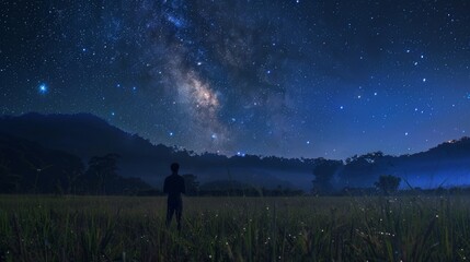 Fototapeta premium Man standing by a glowing milky way star and taking a photograph of a landscape mountain in a field.