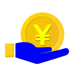 Design of a golden Chinese Yuan coin in hand on a white background. Can be used as an icon, logo or as a separate design element for posters, banners on the theme of financial vectors