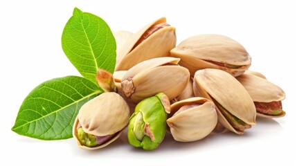 An image of unbleached pistachio nuts with a white background