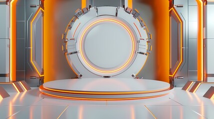 Digital technology orange mecha style round stage poster background