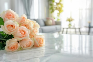 Elegant Peach Roses in a Glass Vase on Marble Surface. Generative ai