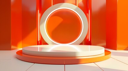 Digital technology orange mecha style round stage poster background