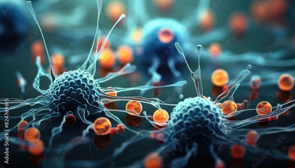 Poster close-up image of cells under a microscope highlighting intricate cellular structures and vibrant co
