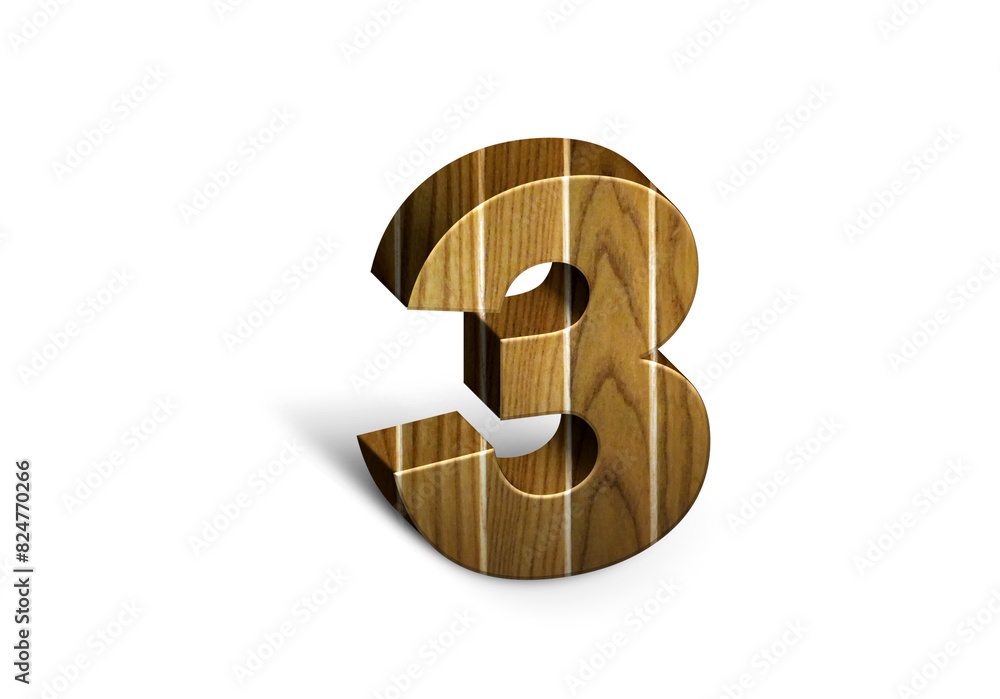 Fototapete 3d wood numbers, alphabet number three made of wood material, high-resolution image of 3d font, read