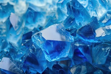 Vibrant close-up macro photography of abstract cobalt blue crystal background with shiny translucent geometric shapes, showcasing the rich detail and luxurious elegance of the mineral texture