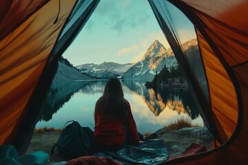Inside a tent, a person sits, surrounded by stunning mountain and lake landscape