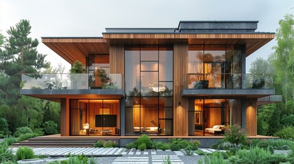 This image depicts a luxurious modern home with expansive windows and a flat roof, surrounded by a lush green landscape