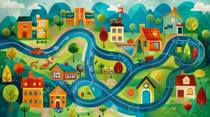 Colorful Illustrated Townscape with Whimsical Details. Generative ai