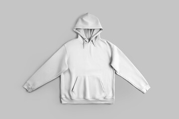 Oversized white hoodie mockup with hood, ties, pocket, laid out clothes top view, blank sweatshirt...