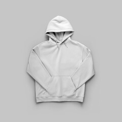 Mockup of white oversized hoodie with hood, ties, sleeves in pocket, empty sweatshirt front view, for design, print, pattern, branding.