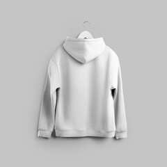 Oversized white hoodie template on wooden hanger, back view, sweatshirt with hood, cuffs, isolated...