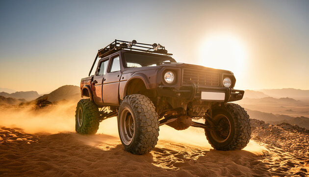 mad max style, rusty demagerd offroad car riding through post apocalyptic desert