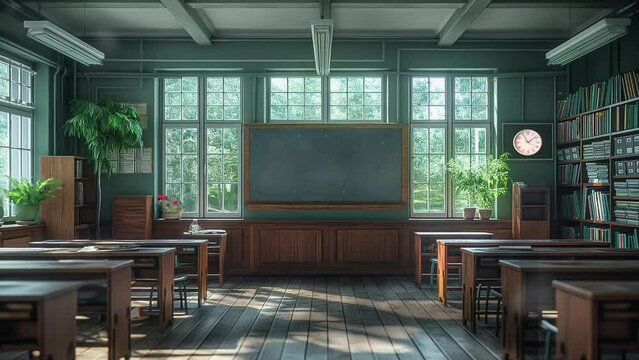 Empty classroom with desk, tables, chalkboard and chairs, at school or university motion seamless looping animation cartoon video background