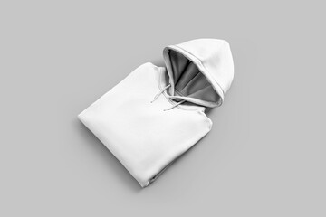 White hoodie template, diagonal presentation of folded sweatshirt with hood, ties, front view,...