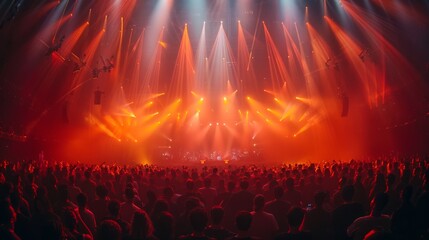 An energetic crowd watches a live concert with vibrant stage lighting and effects
