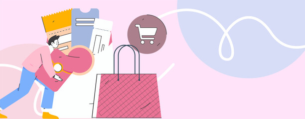 Holiday shopping people doing e-commerce online shopping flat vector concept operation hand drawn illustration
