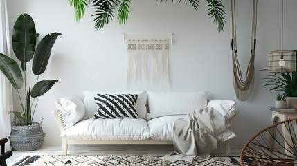 Interior design with white sofa, boho scandinavian style, home staging. Generative Ai
