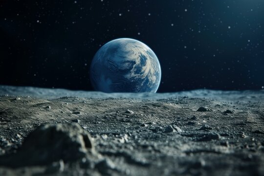 Breathtaking image capturing earth rising above the lunar horizon amidst the stars