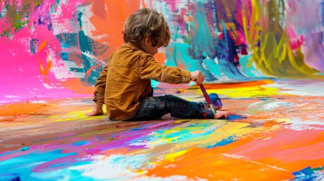 A child sitting on the floor with a large sheet of paper, painting with bold, bright colors and fully immersed in the activity