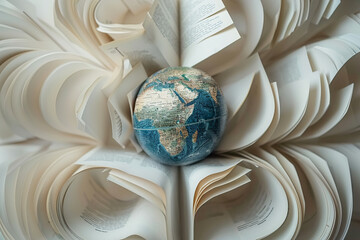 Create an image for International Day of Education with a world globe resting on book pages arranged in a circular shape. Use a soft, neutral background to emphasize the globe and book pages