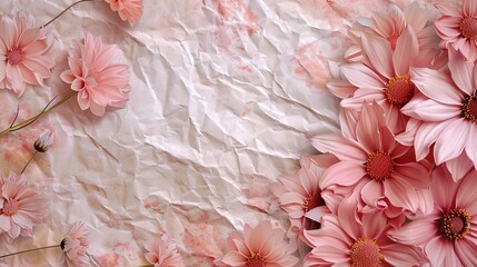 Design space with pink daisies bordered by crumpled paper