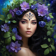 A close-up reveals a woman's striking blue eye, its depths harboring the secrets of the cosmos. Delicate flowers in shades of purple and blue