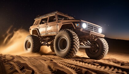 mad max style, rusty demagerd offroad car riding through post apocalyptic desert