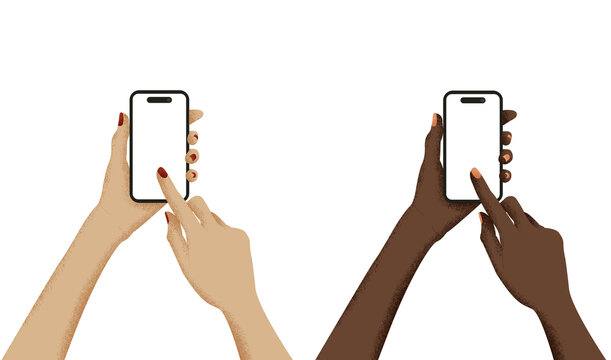 Set of female hands holding phone transparent screen, transparent background, png, scrolling, online shopping, tapping screen, posting on social media, texting, answering/making phone call, new post