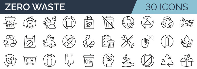 Set of 30 outline icons related to zero waste. Linear icon collection. Editable stroke. Vector illustration