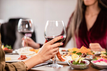 a meal with wine, red wine