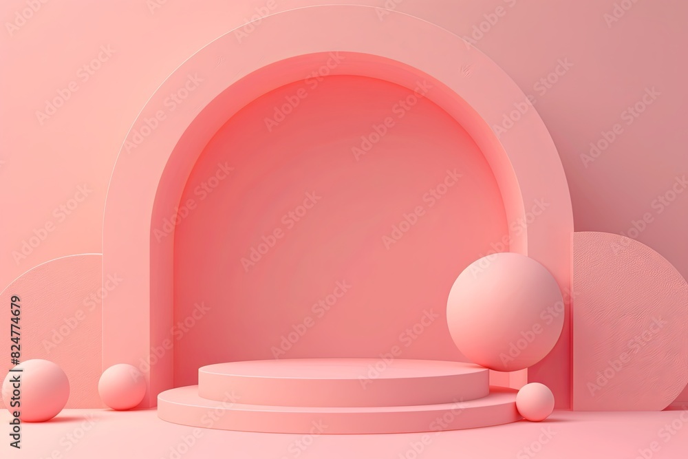 Sticker geometrical forms, podium arch, minimal background, pastel background. 3d rendering