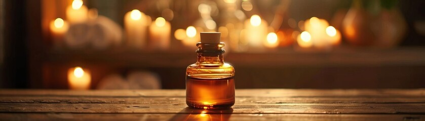 An elegant, dimly lit shot of an amber oil bottle on a cozy spa table, the warm ambient light enhancing the atmosphere, panoramic negative space above for minimalist text.