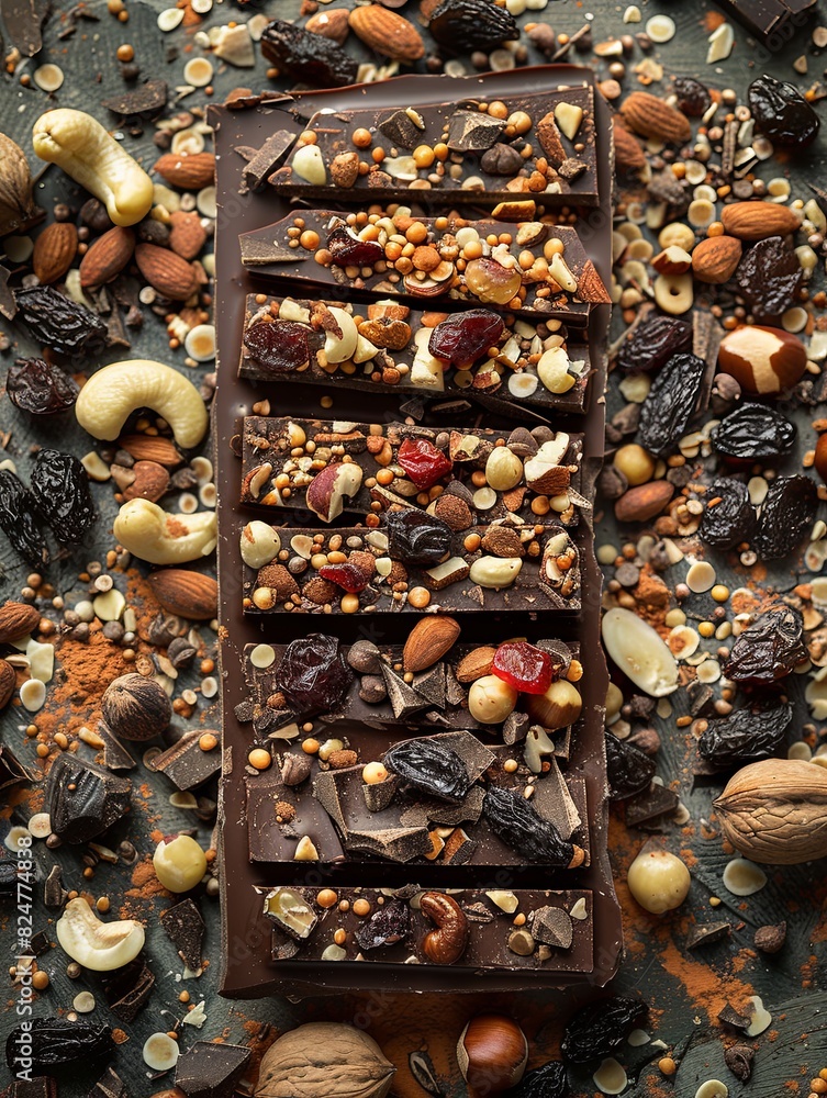 Aufkleber A chocolate bar generously topped with a variety of nuts and dried fruits, creating a delightful blend of flavors and textures. Generative AI
