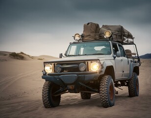 mad max style, rusty demagerd offroad car riding through post apocalyptic desert