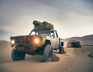 mad max style, rusty demagerd offroad car riding through post apocalyptic desert