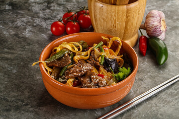 Asian wok with noodle, vegetables and beef