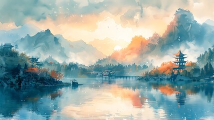 Explore the breathtaking beauty of natural tourist attractions through a dreamy watercolor rendering.