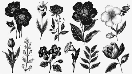 Collection of black flowers linocuts in psd
