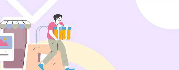 Holiday shopping people doing e-commerce online shopping flat vector concept operation hand drawn illustration
