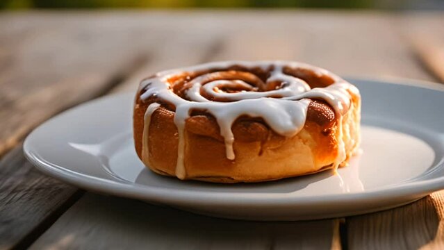 closeup view of a homemade baked cinnamon roll with vanilla icing