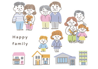 幸せな家族と住まいのイラストセット