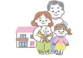 一軒家に住んでいる4人家族のイラスト