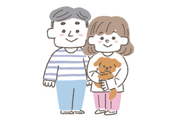 犬を抱いている若い夫婦のイラスト