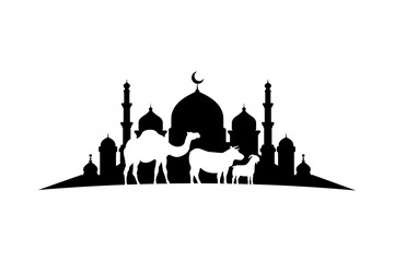 Eid al-Adha Mubarak background template with mosque and sacrifice animals silhouette. Camel, cow, and goat