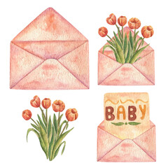 A set of delicate watercolor envelopes and tulip flowers. The illustrations are isolated on a white background. A set for stickers, stationery, postcards, invitations, greetings.