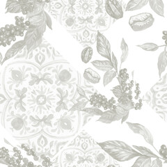 

Coffee grains branch with leaves hand drawn cappuccino morning Americano cup tile Italian watercolor set