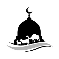 Eid al-Adha celebration illustration with mosque and sacrifice animals silhouette